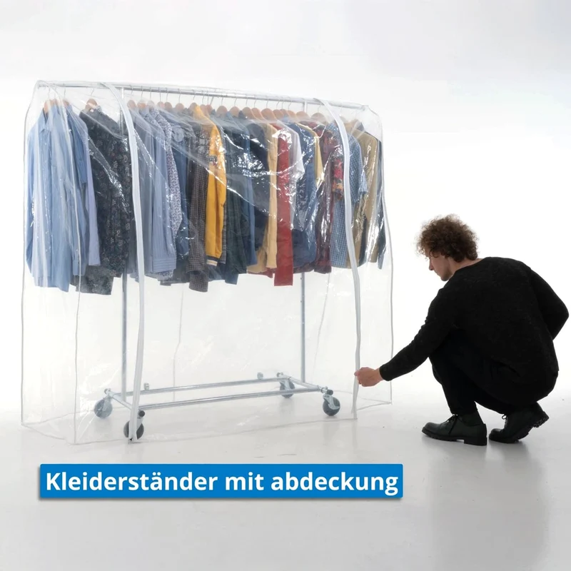 Tatkraft Drogo & Big Schwerlast Kleiderständer mit Schutzhülle, Faltschrank Stabil auf Rollen, bis 100Kg, Profi, Faltbar, Verstellbar, Verchromt Stahl