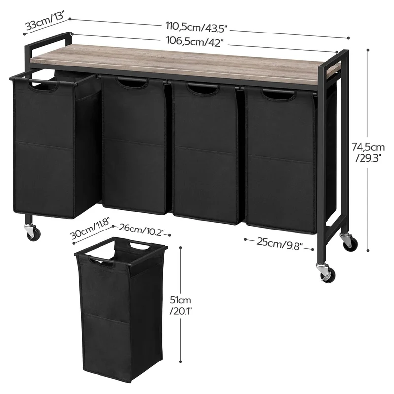 HOOBRO - Wäschesortierer 4 Fächer, Wäschewagen mit rollen, 4 x 39.8 L, Wäschekorb mit Ablage, Wäschesack aus Oxford-Gewebe, Greige-Schwarz