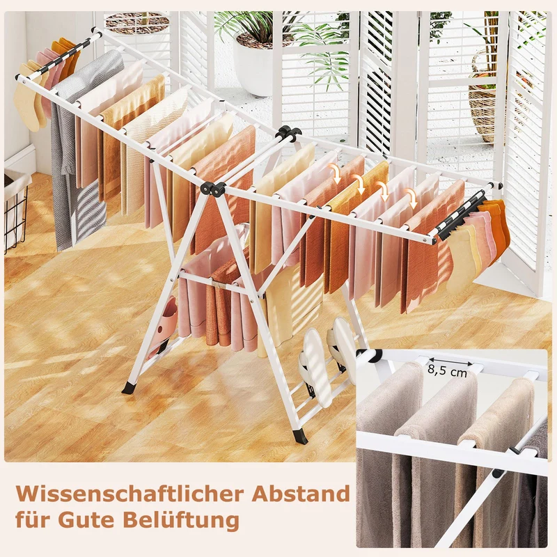 Costway - Wäscheständer Platzsparend, Wäscheständer Klappbar, Höhenverstellbare Flügeln, Sockenklammern & Schuhablage, Lange 184cm, Weiß