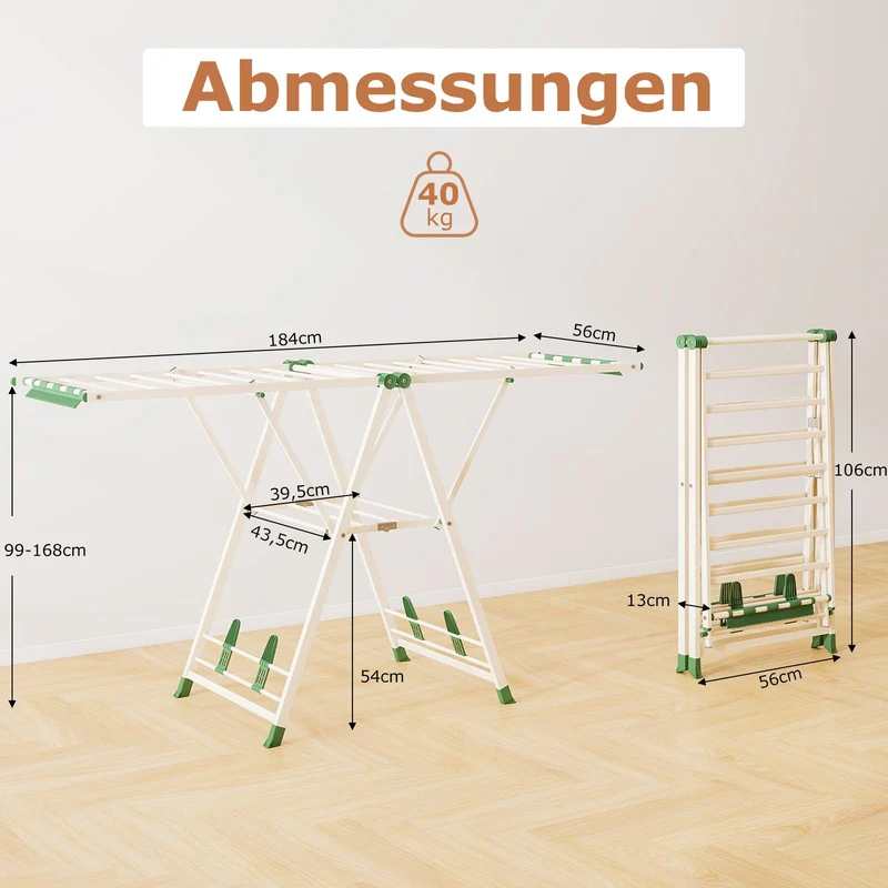 Costway - Wäscheständer Platzsparend, Wäscheständer Klappbar, Höhenverstellbare Flügeln, Wäscheständer Groß, Länge 184cm, Beige