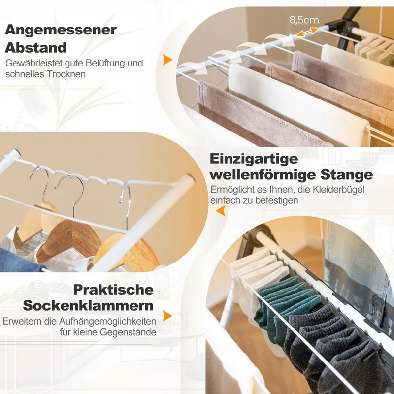 Costway - Wäscheständer Klappbar, mit 2-stufigem Trockenbere, Wäscheständer Platzsparend, Höhenverstellbare Flügel, Weiß