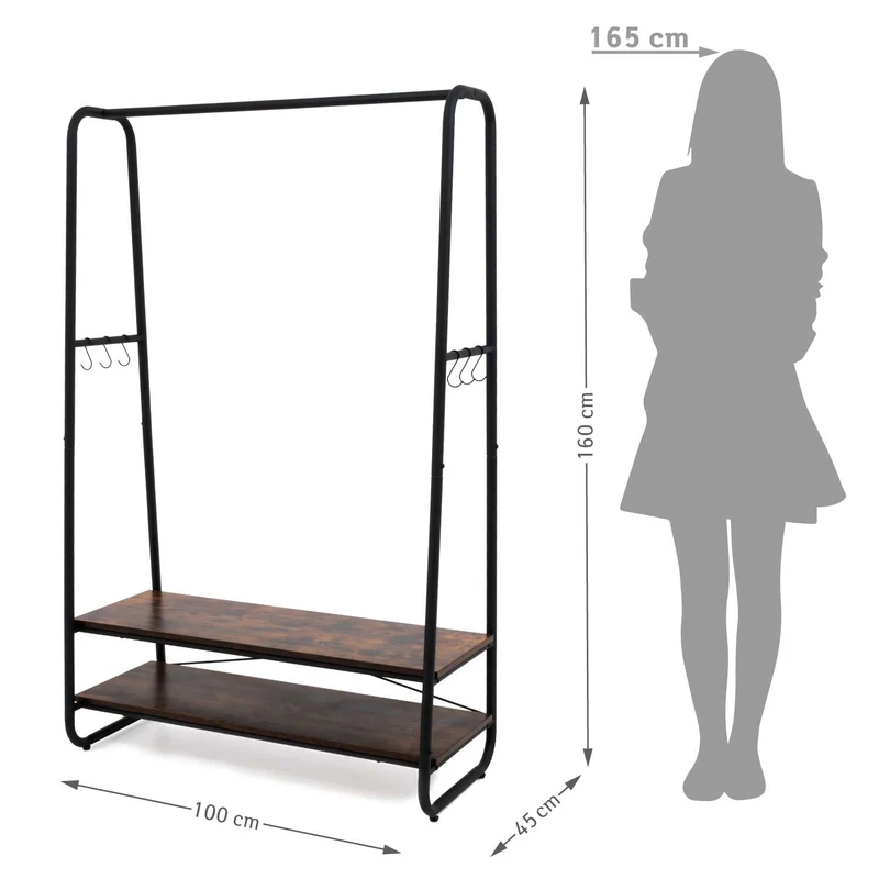 Tatkraft Anneli – Schwerlast-Kleiderständer, bis 170 kg, 100×45×160 cm, Garderobenständer Stabil, mit 2 Ablagen, 6 S-Haken, Schwarz/Rustikalbraun
