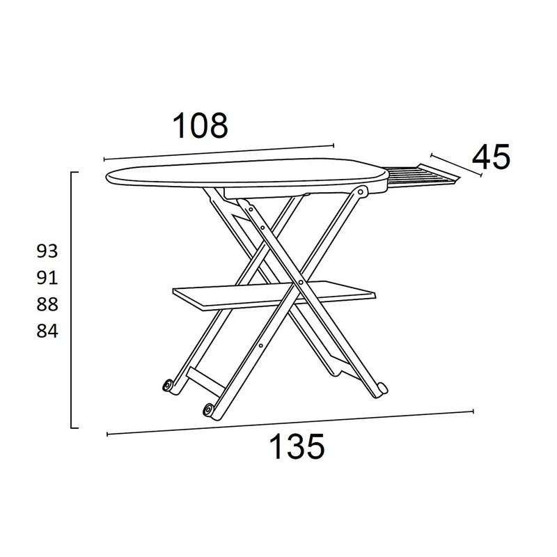 ARIT STIROCOMODO - Bügeltisch, Bügelbrett Holz, Gestell aus massiver Buche, Bügelbrett Klappbar, Höhenverstellbar 84 -93 cm, auf Rollen, Made in Italy