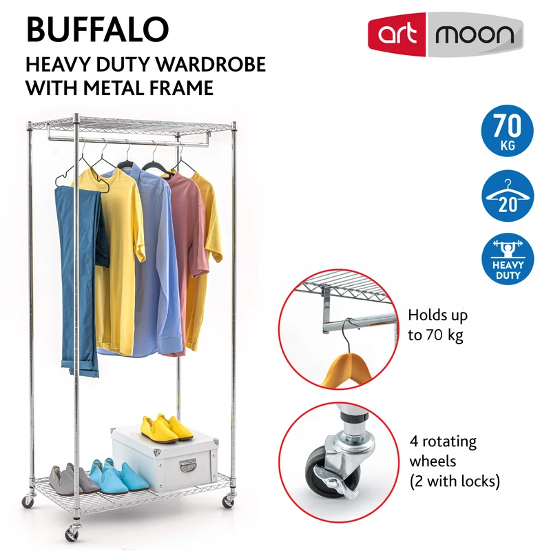 art moon Buffalo - Schwerlast Kleiderschrank, bis 70kg, Kleiderständer Stabil, Kleiderständer auf Rollen, mit 2 Ablagen, Garderobenständer, Stahl