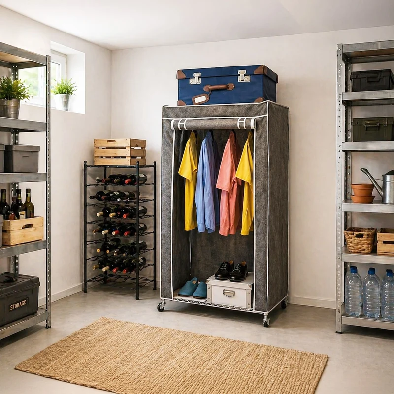 Art Moon Buffalo – Schwerlast Faltschrank mit Rollen, bis 70 kg, Kleiderständer, Mobiler Kleiderschrank mit 2 Ablagen und Kleiderstange, Stahl, Grau
