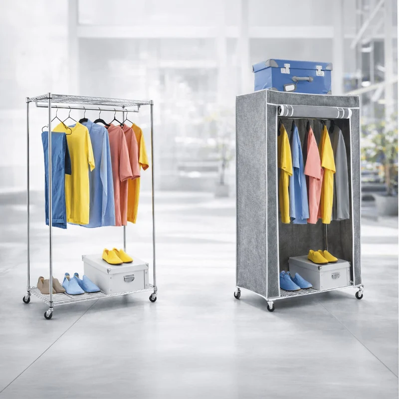 Art Moon Buffalo – Schwerlast Faltschrank mit Rollen, bis 70 kg, Kleiderständer, Mobiler Kleiderschrank mit 2 Ablagen und Kleiderstange, Stahl, Grau