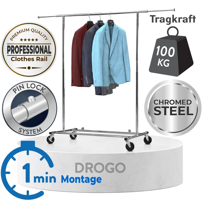 Tatkraft Drogo Schwerlast-Kleiderständer auf Rollen, bis 100kg, Montage in 1Min, Profi, Kleiderständer Stabil, Verstellbar,Klappbar, Verchromter Stahl