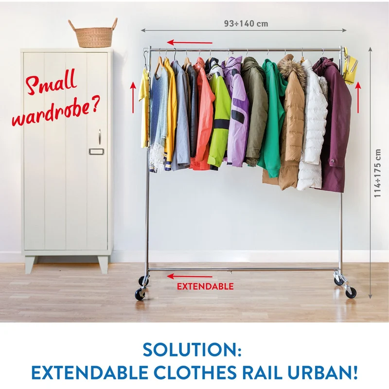 Tatkraft Urban – Kleiderständer stabil auf Rollen, in Länge und Höhe ausziehbar, 93–140×41×114–175 cm, bis 60 kg, aus rostfreiem, verchromter Stahl