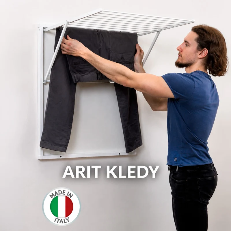 ARIT KLEDY – Klappbarer Wandwäscheständer aus Buche und Aluminium, 6,5 m Trockenlänge, Weiß, Made in Italy