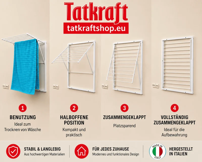 ARIT KLEDY – Klappbarer Wandwäscheständer aus Buche und Aluminium, 6,5 m Trockenlänge, Weiß, Made in Italy