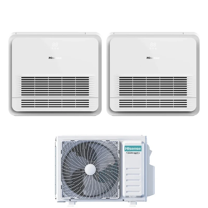 Climatiseur console double split Hisense 12+12 avec 2AMW52U4RXC R-32, Wi-Fi en option et télécommande incluse.