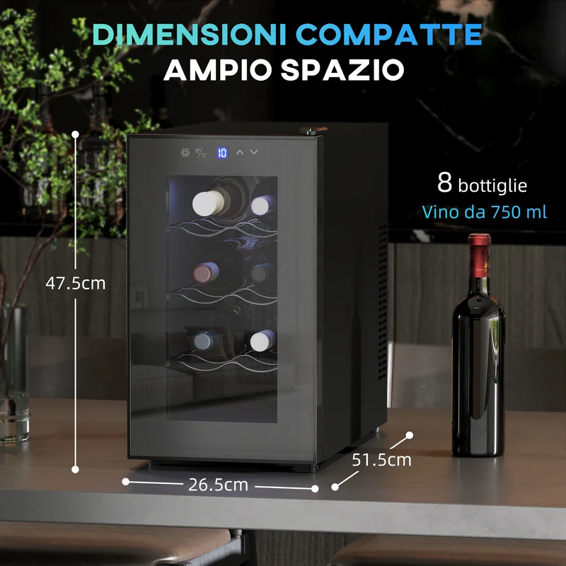 Cave à vin EasyComfort 8 bouteilles, capacité 21 L, écran tactile et clayettes réglables, noire