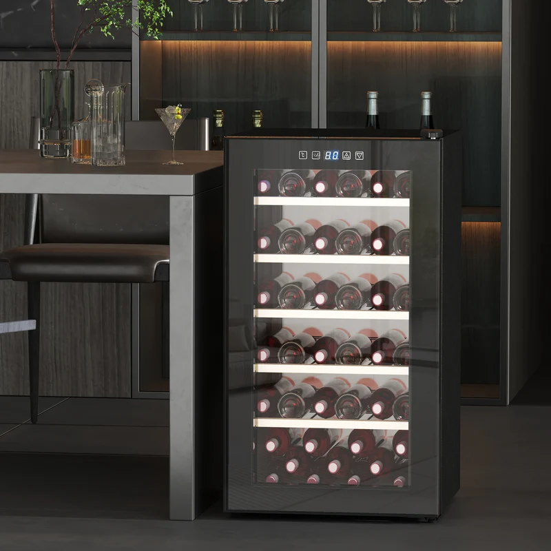 Cave à vin EasyComfort pour 41 bouteilles, capacité de 91 L, contrôle de la température et clayettes en bois, noire