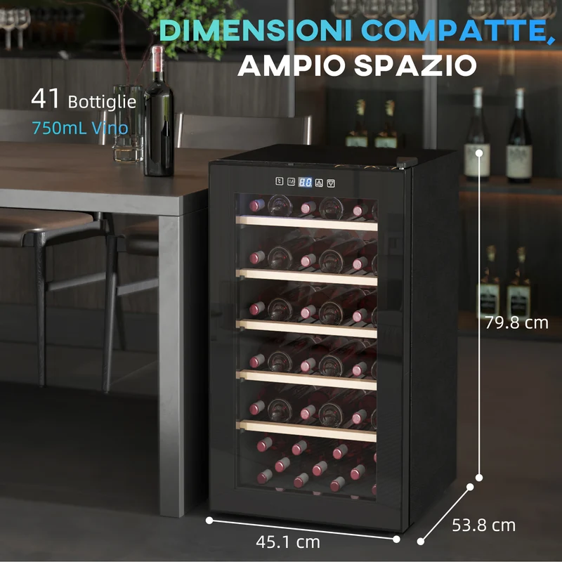 Cave à vin EasyComfort pour 41 bouteilles, capacité de 91 L, contrôle de la température et clayettes en bois, noire