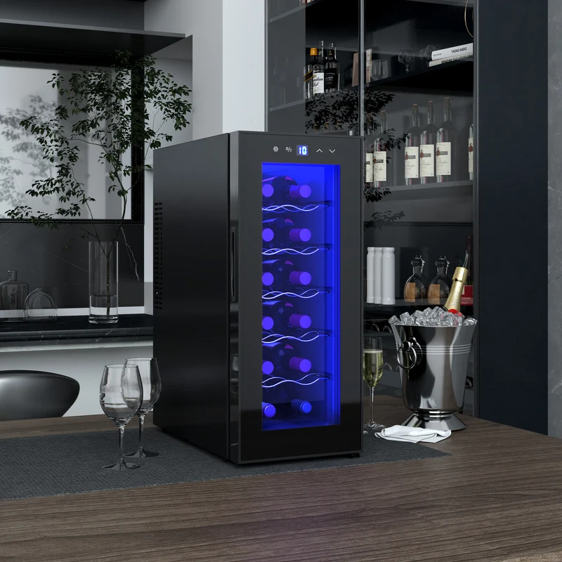 Cave à vin EasyComfort 12 bouteilles avec double contrôle de température, étagères réglables et éclairage, noire
