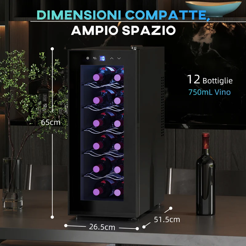 Cave à vin EasyComfort 12 bouteilles avec double contrôle de température, étagères réglables et éclairage, noire