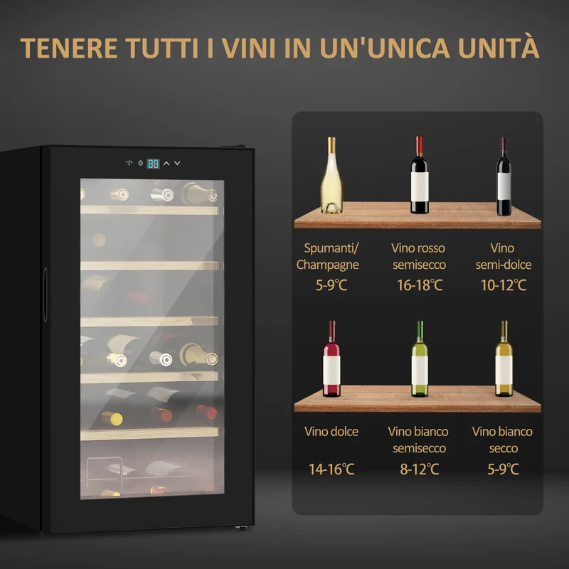 Cave à vin EasyComfort pour 24 bouteilles, capacité de 65 L, contrôle de la température et clayettes amovibles, noire