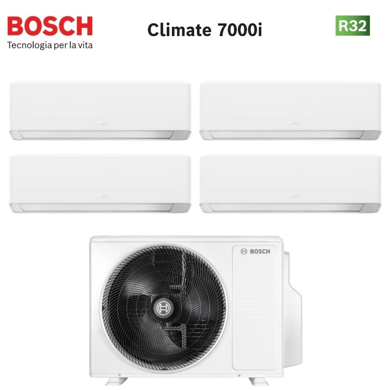 Climatiseur quadri-split Bosch CLIMATE 7000i BLANC 7+9+12+15 Quadri avec évaporateur 5000M 82/4 E R-32 et Wi-Fi intégré