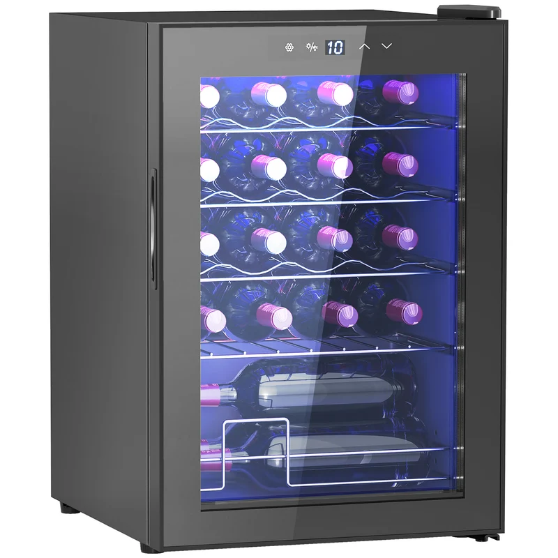 Cave à vin EasyComfort 20 bouteilles, capacité 53 L, porte en verre anti-UV et clayettes réglables, noire