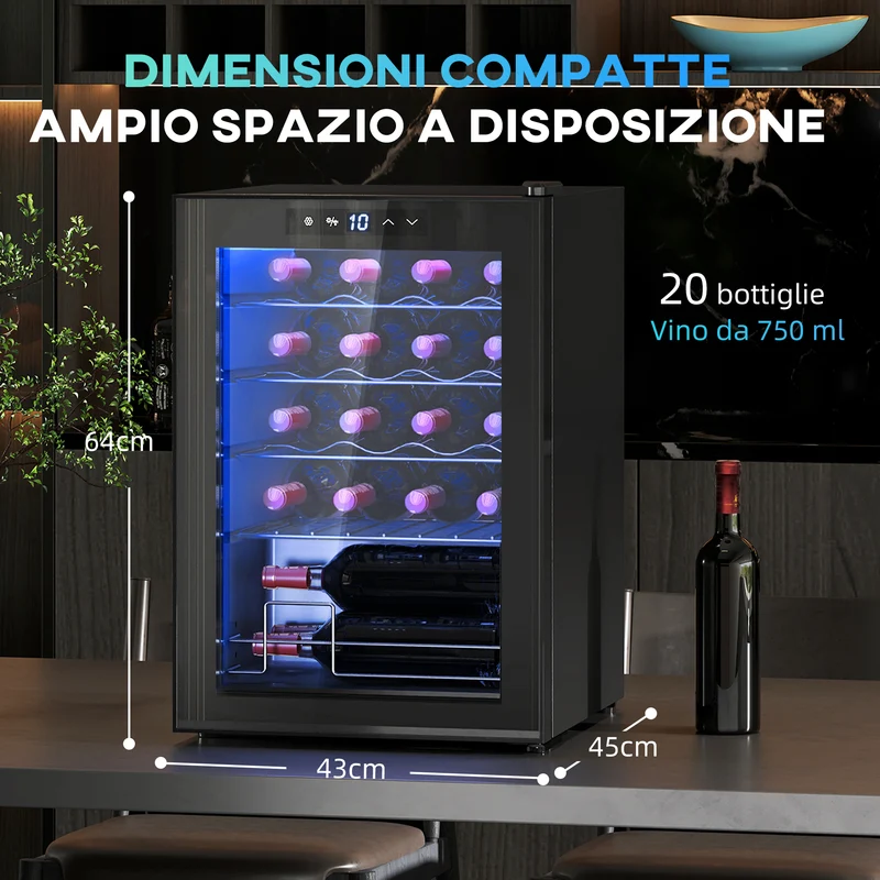 Cave à vin EasyComfort 20 bouteilles, capacité 53 L, porte en verre anti-UV et clayettes réglables, noire