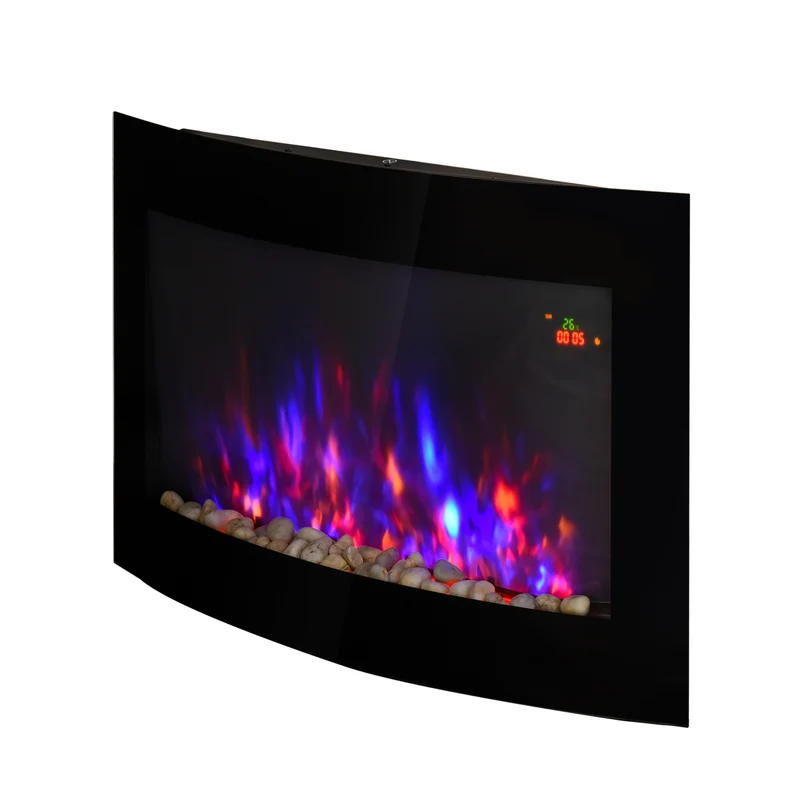 Cheminée électrique murale Easycomfort avec effet flamme colorée et télécommande, acier inoxydable et verre, 65 x 11,4 x 52 cm, noire