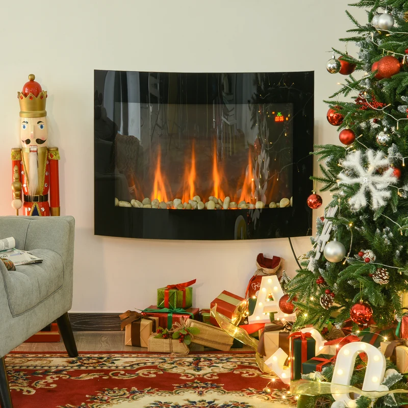 Cheminée électrique murale Easycomfort avec effet flamme colorée et télécommande, acier inoxydable et verre, 65 x 11,4 x 52 cm, noire