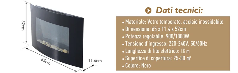 Cheminée électrique murale Easycomfort avec effet flamme colorée et télécommande, acier inoxydable et verre, 65 x 11,4 x 52 cm, noire
