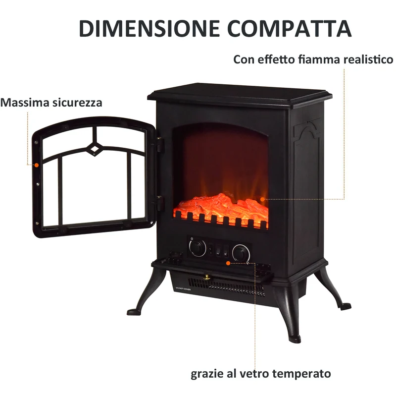 Cheminée électrique Easycomfort avec effet flamme, puissance 1000 W / 2000 W, en ABS et verre, 45 × 28 × 54 cm, noir.