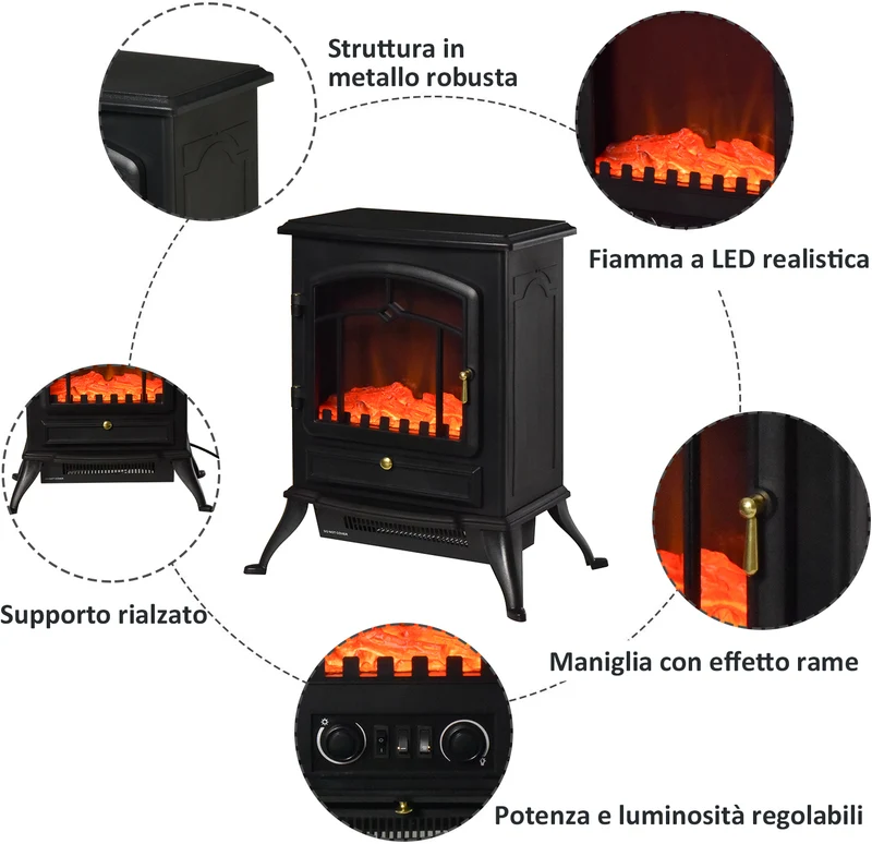 Cheminée électrique Easycomfort avec effet flamme, puissance 1000 W / 2000 W, en ABS et verre, 45 × 28 × 54 cm, noir.