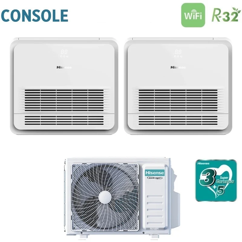 Climatiseur console double split Hisense 9+12 avec 2AMW52U4RXC R-32, Wi-Fi en option et télécommande standard