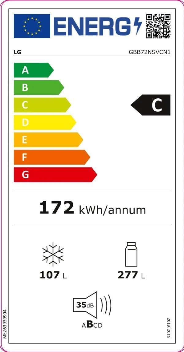 Réfrigérateur combiné LG GBB72NSVCN1 384 litres Classe C (H 203 x L 59,5 x P 67,5 cm) en acier inoxydable No Frost