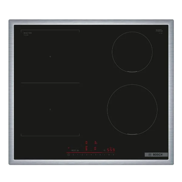 Plaque de cuisson à induction Bosch Série 6 PVS645HB1E à 4 brûleurs (L 58,3 x P 51,3) avec profilés en vitrocéramique noire