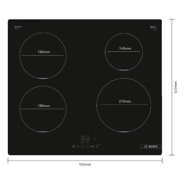 Plaque de cuisson à induction Bosch PUE611BB5J 4 feux (L 59,2 x P 52,2 cm) en vitrocéramique noire