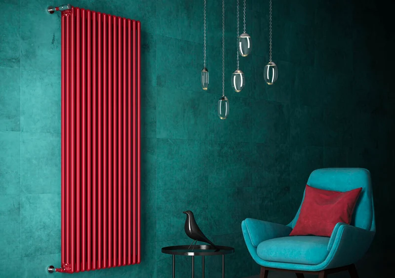 Radiateur complet en acier Cordivari ARDESIA AS9, 3 colonnes de 14 éléments, entraxe 1744 mm, hauteur 1800 mm, avec capuchons et réducteurs inclus.