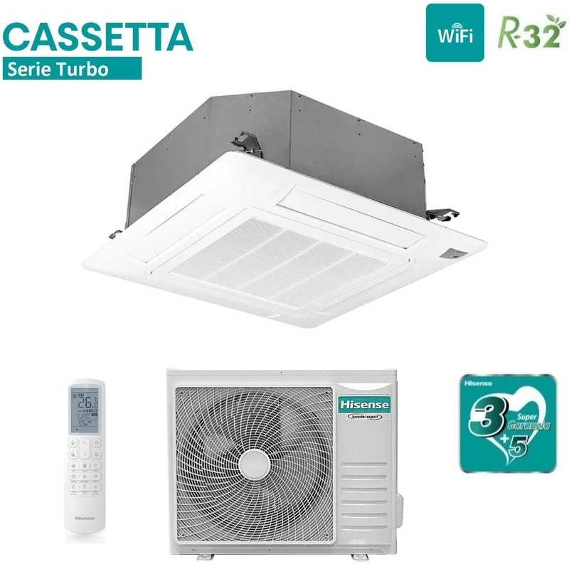 Climatiseur cassette Hisense TURBO 36 000 BTU AUC105UR4RKC8 + module Wi-Fi AUW105U4RW8 R-32 en option, avec télécommande et panneau de commande inclus