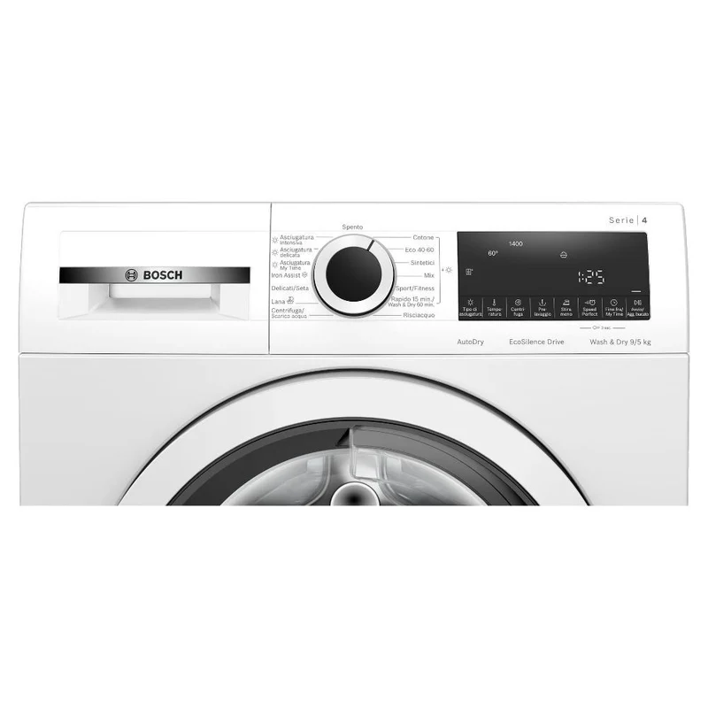Lave-linge séchant Bosch WNA144V0IT Série 4, capacité de lavage 9 kg, capacité de séchage 5 kg, classe énergétique E, 1400 tr/min (H 84,8 x L 59,8 x P 59 cm), moteur EcoSilence, blanc