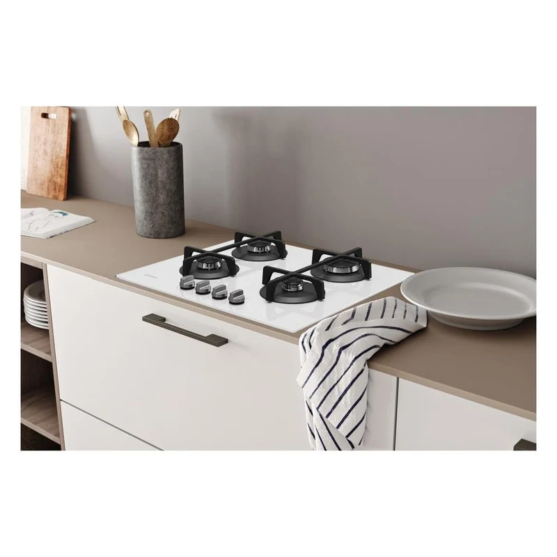Plaque de cuisson à gaz Indesit Ing 61T Wh 4 brûleurs (L 59 x P 51 cm) en verre blanc