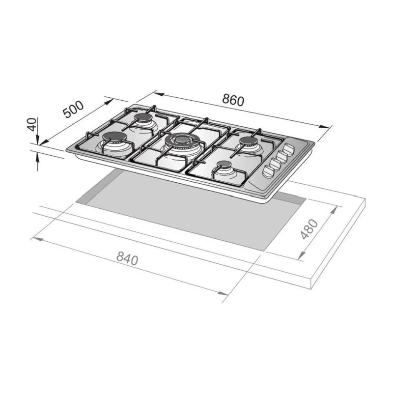 Plaque de cuisson à gaz 5 brûleurs De Longhi FAMILY Fla 59 Dd (L86 x P50) en acier inoxydable