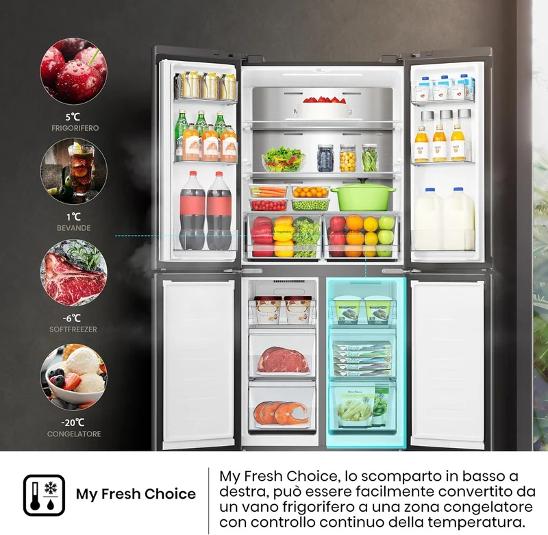 Réfrigérateur Hisense RQ5P470SAFE 4 portes, pose libre, 483 litres, classe E (H 178,5 x L 79,4 x P 69,8 cm), technologie No Frost, noir
