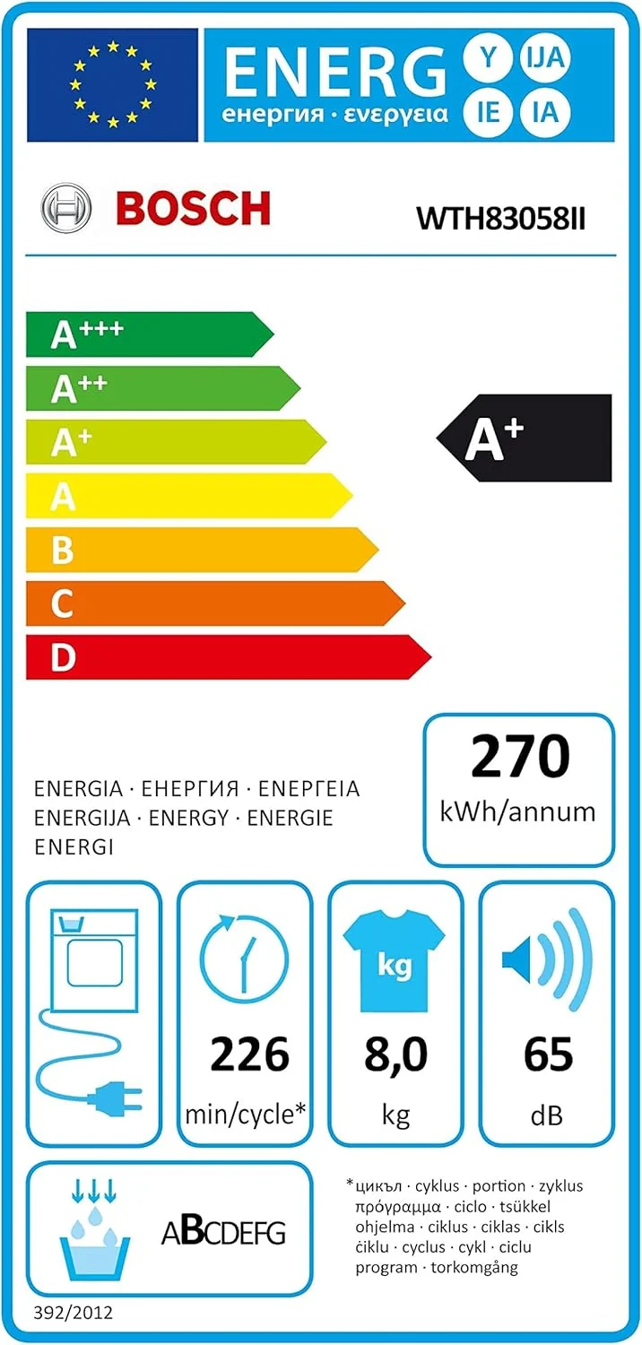 Sèche-linge à condensation Bosch WTH83058II Série 4, 8 kg, classe A+ (H 84,2 x L 59,8 x P 61,3 cm), écran LED blanc