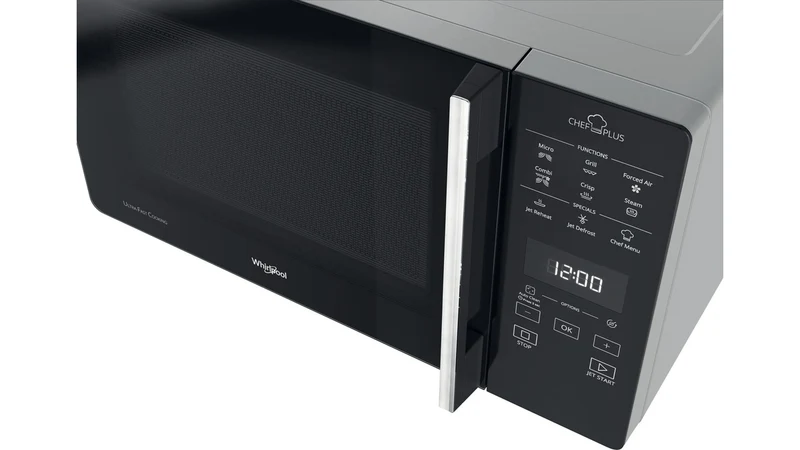 Four à micro-ondes combiné Whirlpool Chef Plus MCP 359 SL 800 W 25 litres avec fonction grill et cuisson vapeur (H 30 x L 52 x P 49,4 cm), couleur argent.