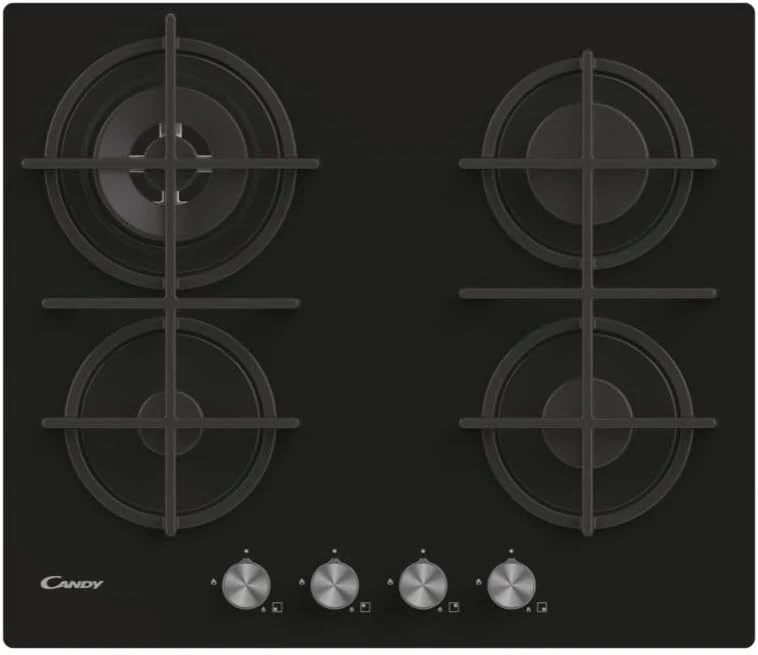 Plaque de cuisson à gaz 4 brûleurs Candy CVG6BR4WPB (L59,5 x P51) en verre trempé noir