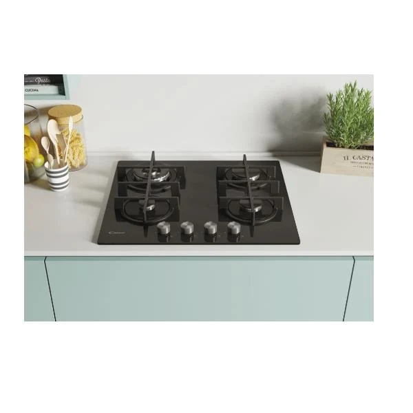 Plaque de cuisson à gaz 4 brûleurs Candy CVG6BR4WPB (L59,5 x P51) en verre trempé noir