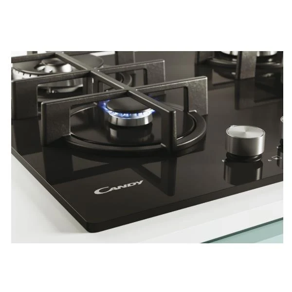 Plaque de cuisson à gaz 4 brûleurs Candy CVG6BR4WPB (L59,5 x P51) en verre trempé noir