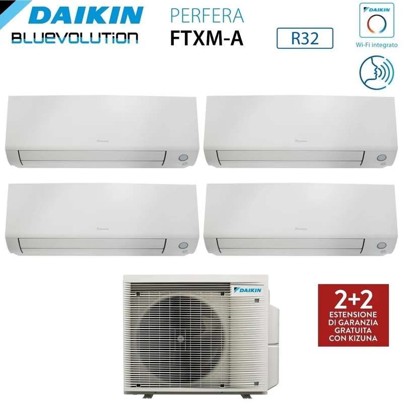 Climatiseur quadri-split inverter Daikin Bluevolution Quadri PERFERA toutes saisons série 9+9+9+15 avec 4MXM80A R-32, Wi-Fi intégré, garantie italienne 9000+9000+9000+15000 W