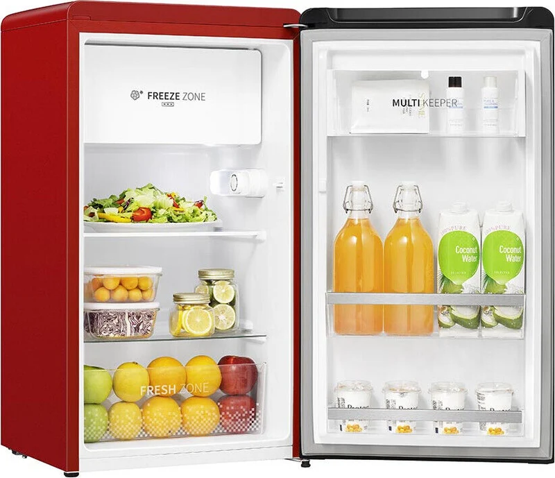 Réfrigérateur Hisense RR106D4CRF 82 litres, une porte, classe F (H 86,7 x L 48 x P 45,1 cm), rouge statique