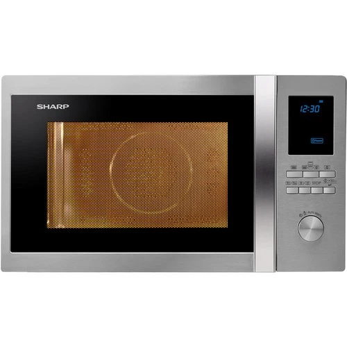 Four à micro-ondes Sharp R922STWE 1000 W 32 litres (L 31,5 x l 51,9 x P 51 cm) avec grill, affichage LED bleu et finition inox.