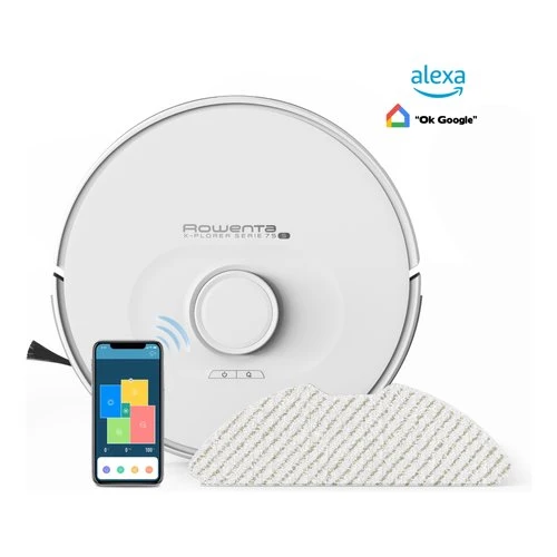 Aspirateur robot Rowenta RR8577WH X PLORER Série 75 S+ Blanc, compatible avec Alexa et l'Assistant Google.