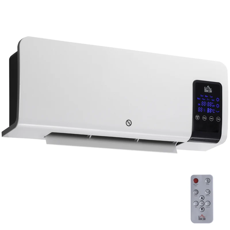 Chauffage soufflant oscillant mural EasyComfort avec minuterie 12 heures et 2 modes de chauffage, 54,5 x 12 x 21,5 cm, blanc