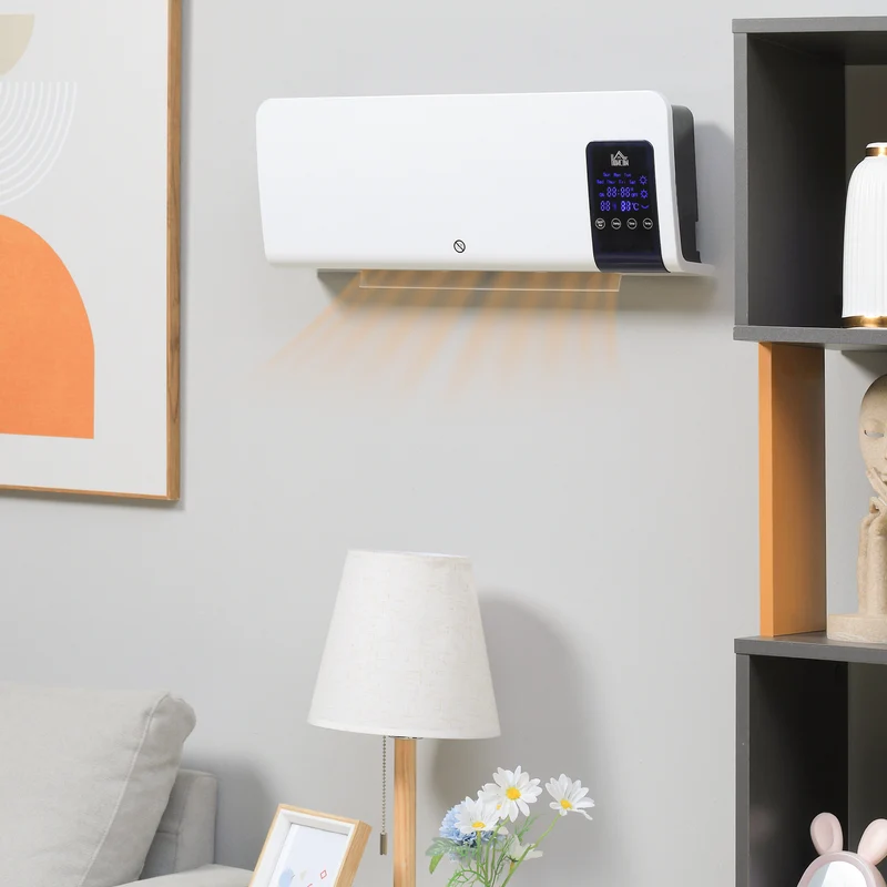 Chauffage soufflant oscillant mural EasyComfort avec minuterie 12 heures et 2 modes de chauffage, 54,5 x 12 x 21,5 cm, blanc